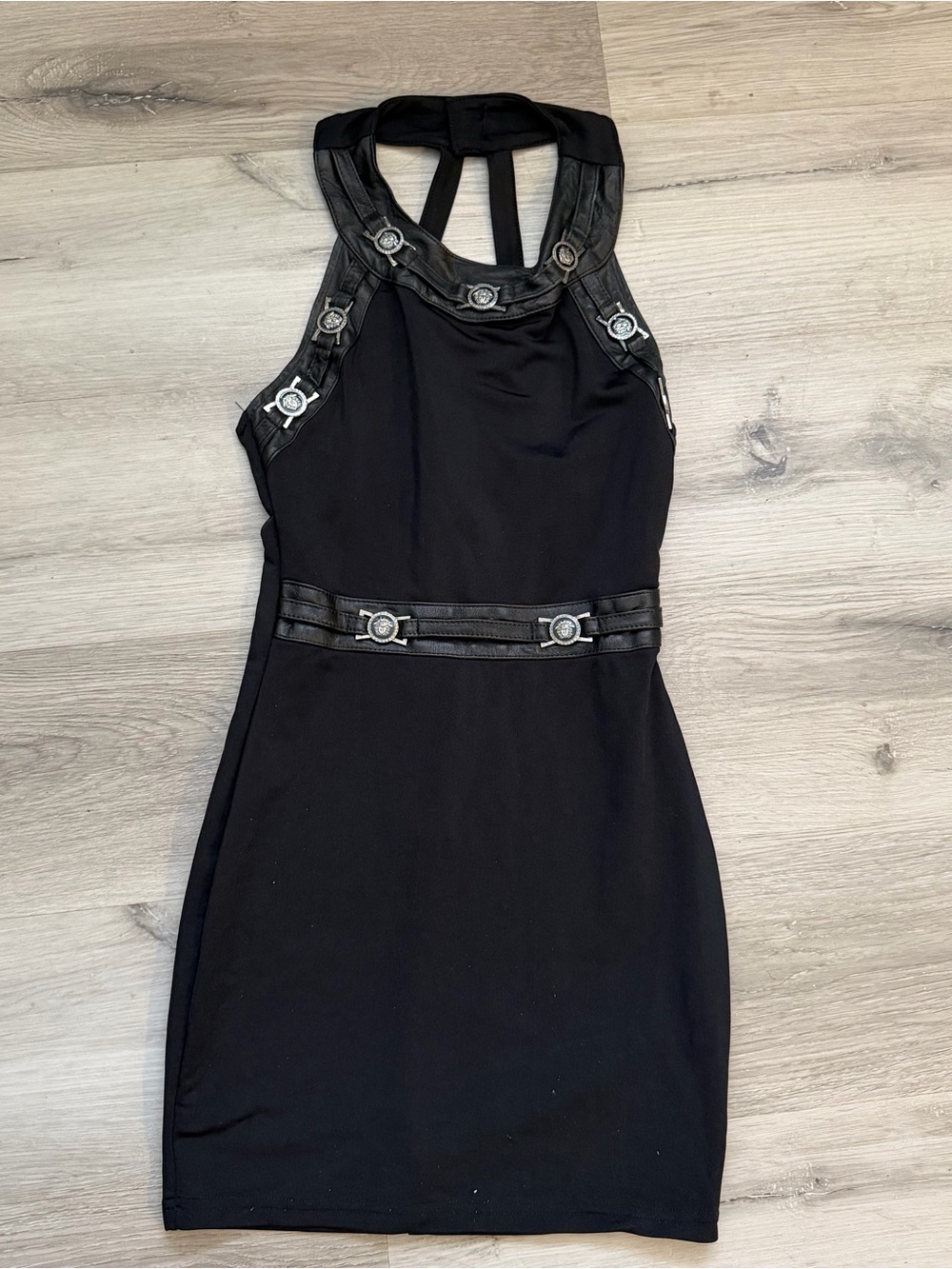 Vintage Black Halter Bodycon Dress with leather Trim